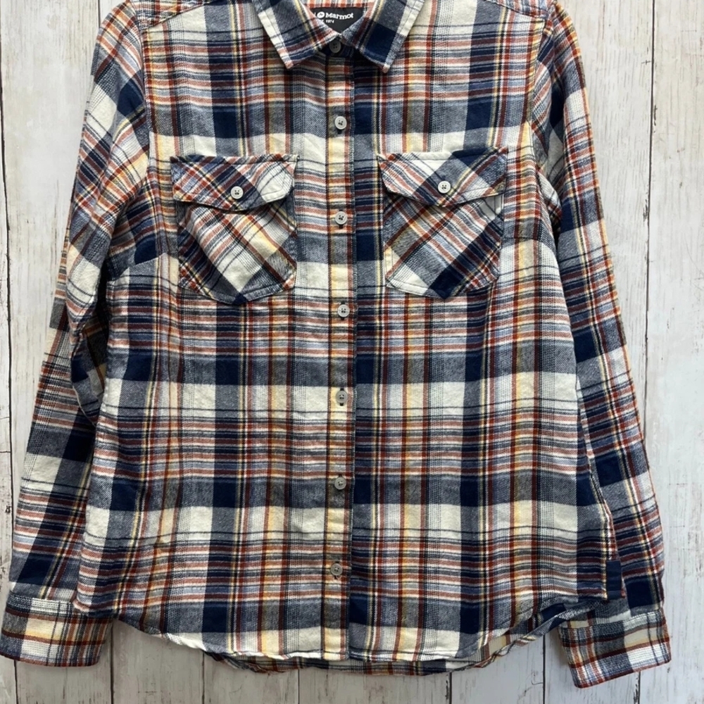 Marmot Navy and Rust Plaid Button Down Shirt